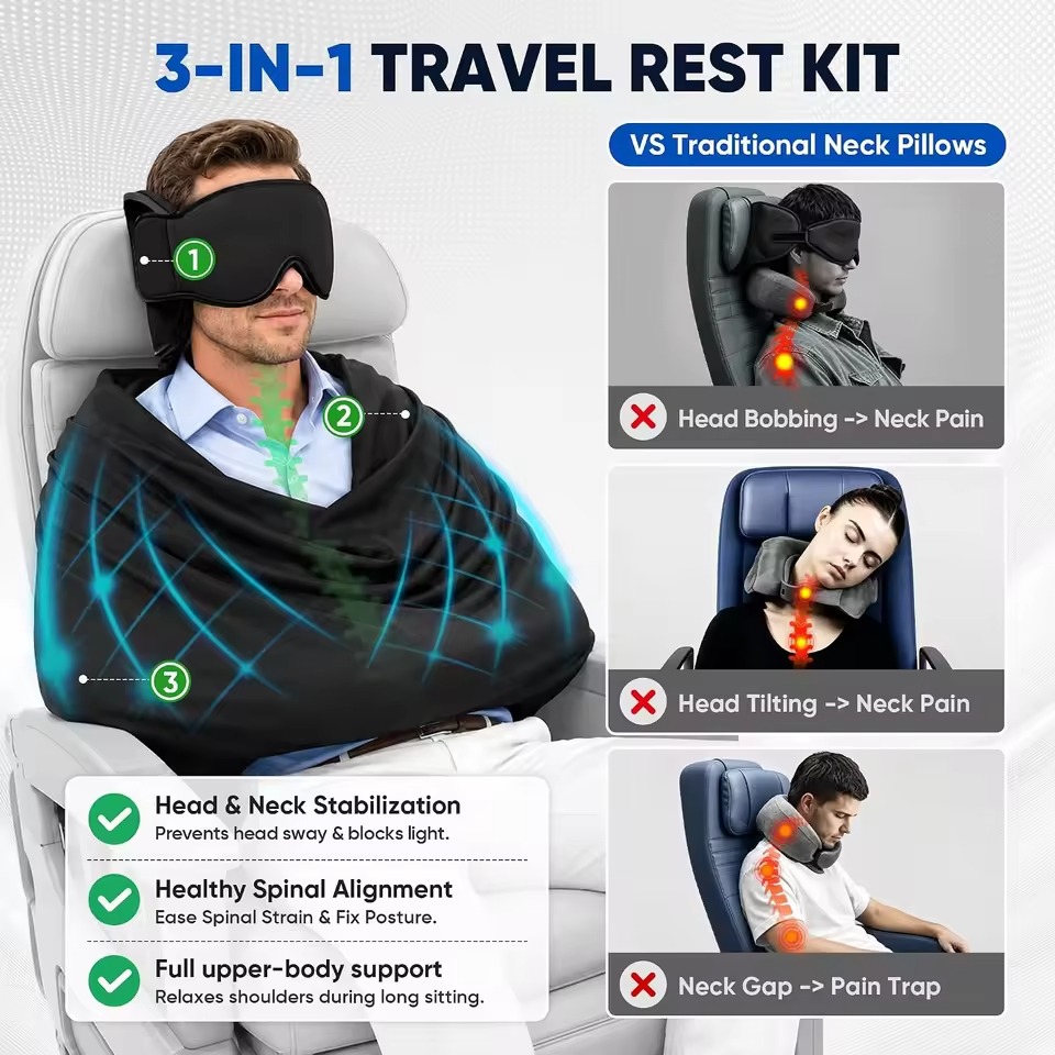 Travel Accessories Long Flight - 3-in-1 Auto-Schlafkissen mit Memory-Schaum, Langstrecken-Flugkissen, Verstellbare